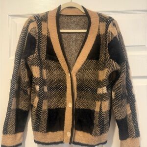 Plaid Cardigan Sweater - Black and Tan